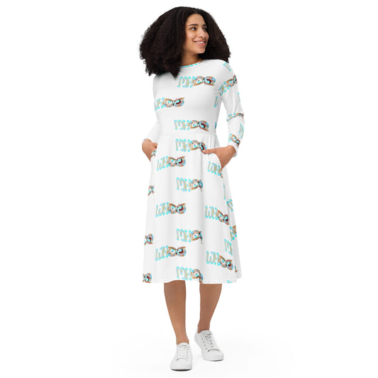 All-over print long sleeve midi dress WHoo island pattern