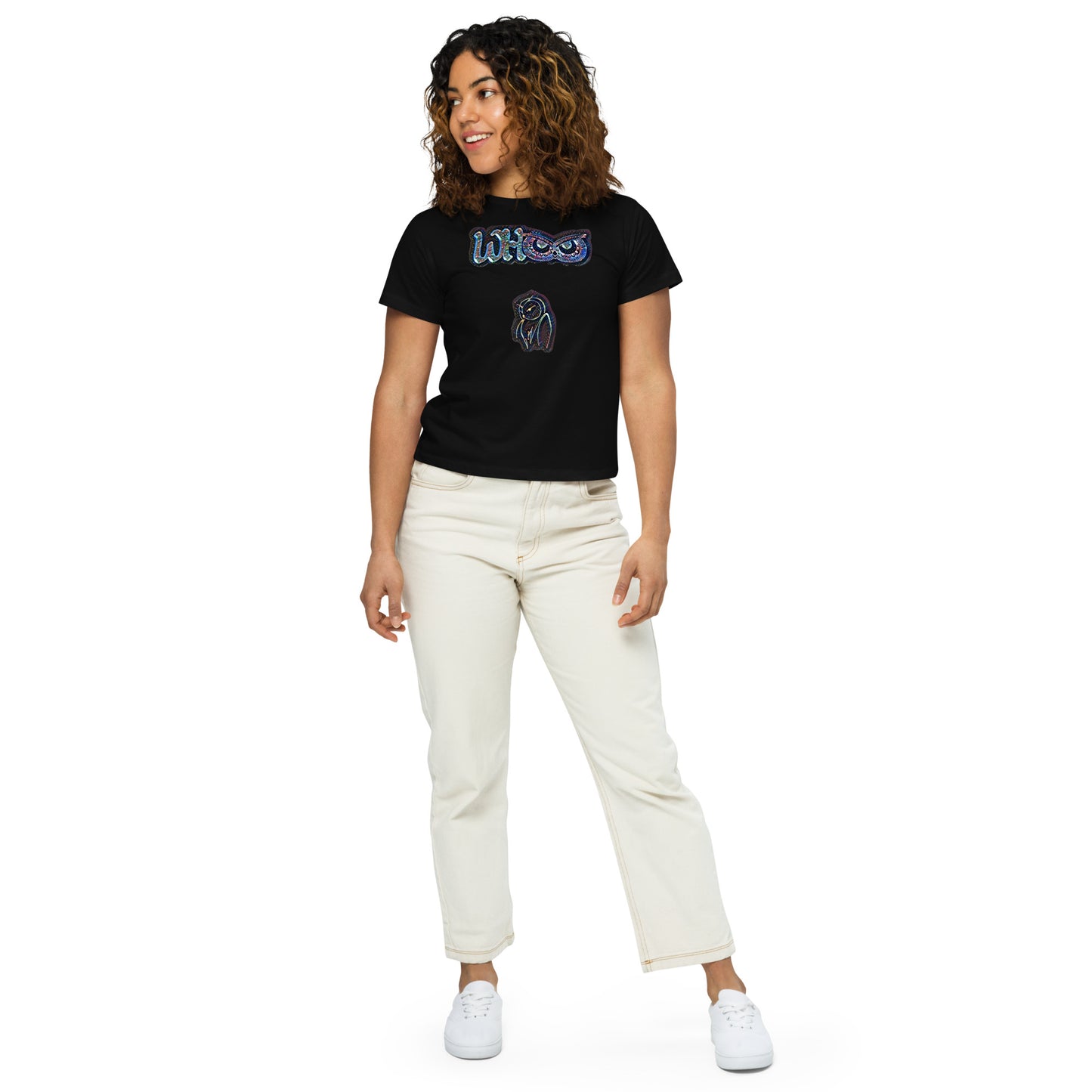 Women’s high-waisted t-shirt Whoo Blue glass