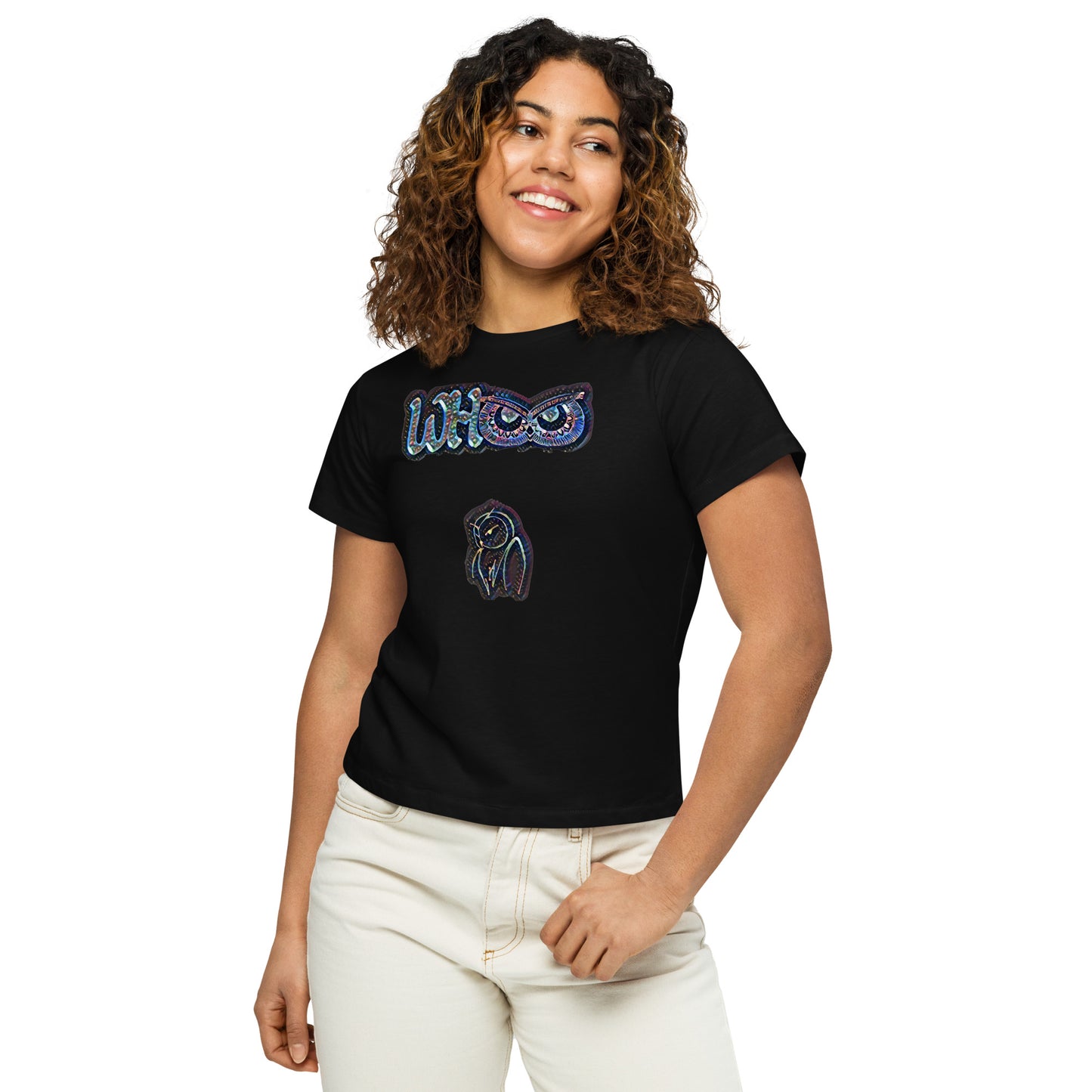 Women’s high-waisted t-shirt Whoo Blue glass