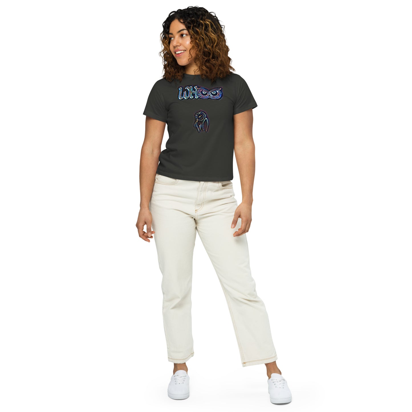 Women’s high-waisted t-shirt Whoo Blue glass