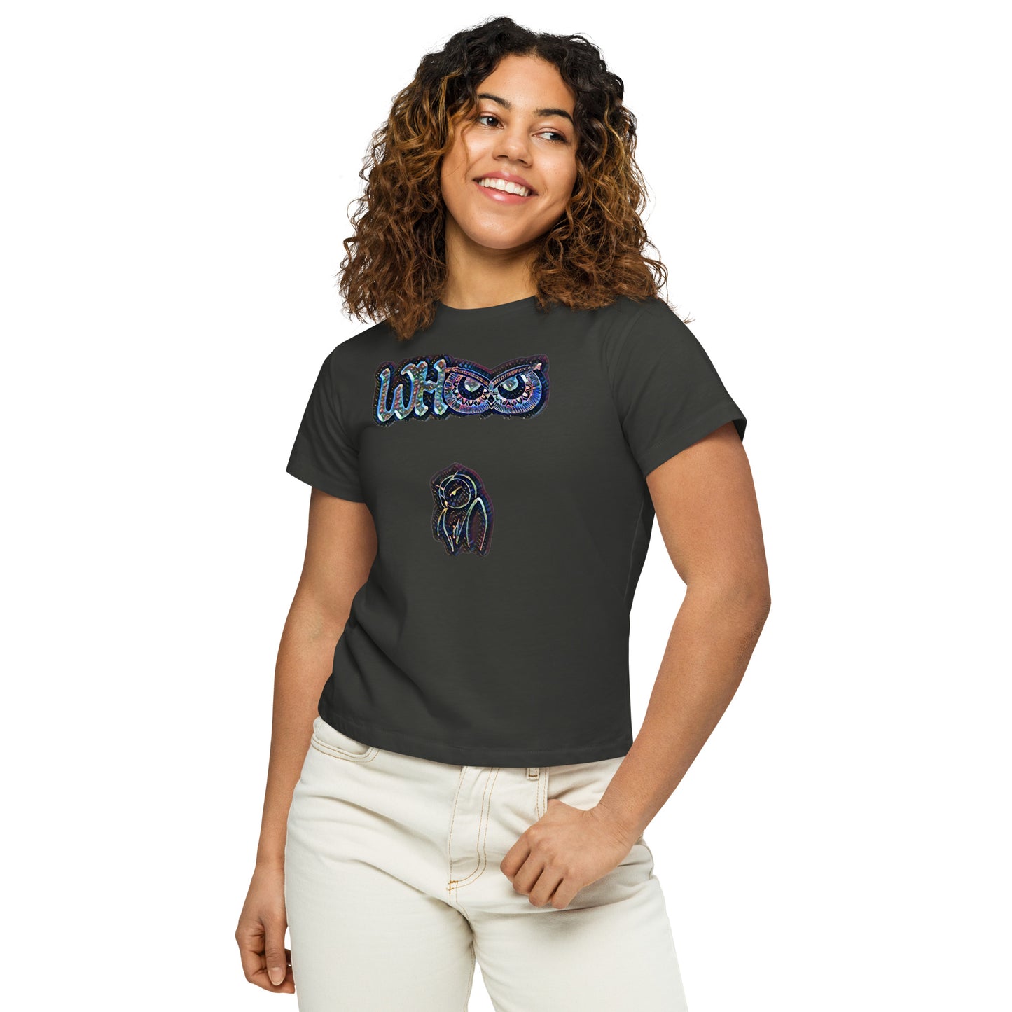 Women’s high-waisted t-shirt Whoo Blue glass